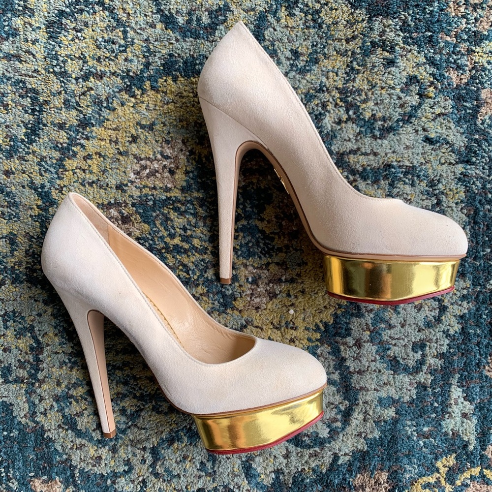 Charlotte Olympia Dolly Suede Heels - Cream & Gold